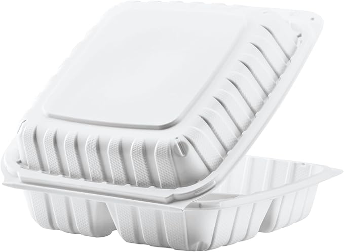 KARAT EARTH Clamshell Take Out Food Containers [9"x9" - 120 ct] To Go Containers | 3 Compartment, Soak-Resistant, Durable, Stackable | Vented for Hot/Cold Foods, White