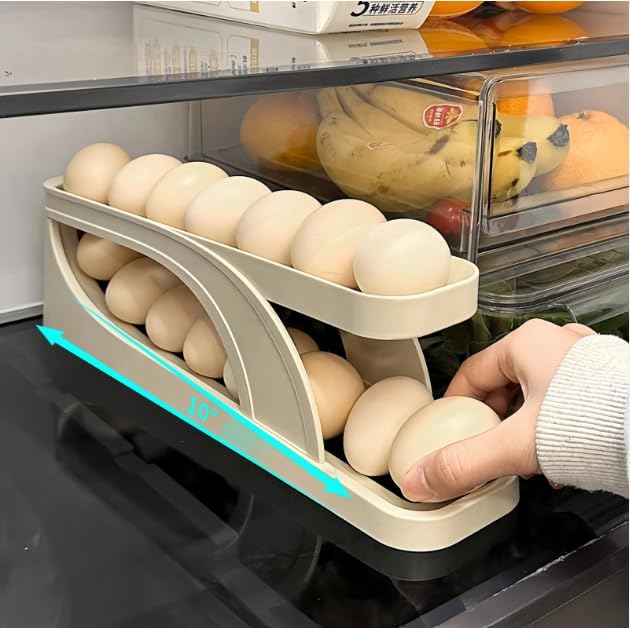 Egg Dispenser for Refrigerator or Kitchen Countertop, Automatic Roll Down Egg Storage for Fridge, Space Saving Gravity Fed Egg Holder and Organizer Tray (Beige/Off White)