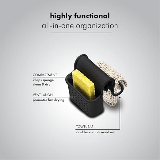 madesmart Towel & Sponge Saddle, Over-The-Sink Sponge Holder & Dishcloth Organizer, Ventilated Fast-Dry Sink Caddy, Non-Slip Design, Carbon