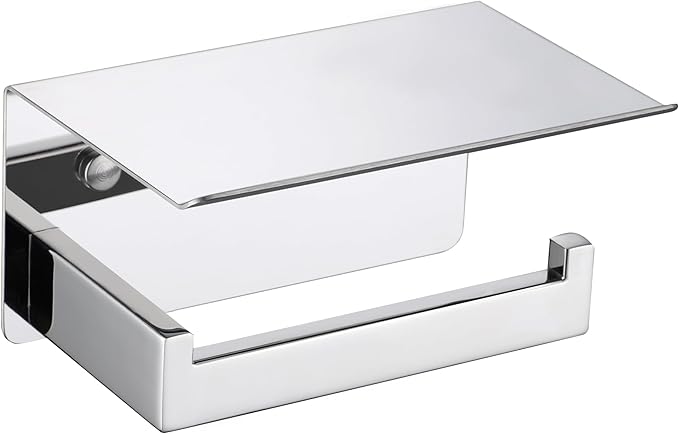 LANC Chrome Toilet Paper Holder with Shelf, Adhesive or Screw Toilet Paper Roll Holder with Shelf for Bathroom Washroom Wall Mount, Stainless Steel Tissue TP Holder Silver, A8367CP