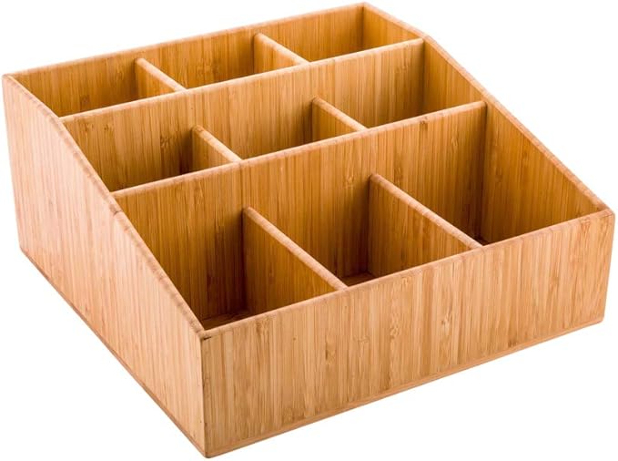 Restaurantware-11.75 x 5.5 Inch Coffee Condiment Organizer, 1 Square Creamer Organizer - 9 Compartments, Break-Resistant, Bamboo Coffee Accessory Caddy, Won't Chip, For Sugar Packets And Creamers