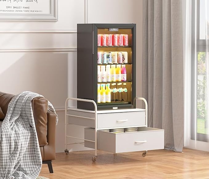 Mini Fridge Stand, Fridge Stand with Storage, 2 Drawer Fridge Cart, Organizer Unit for Mini Fridge, Fridge Stand Table, Mini Fridge Table with Swivel Wheels,White