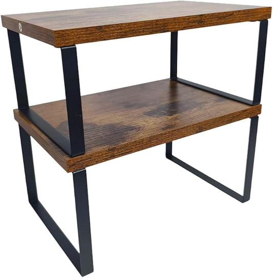 Sben Cabinet Organizer Shelf, Set of 2 Kitchen Counter Shelves, Kitchen Storage, Spice Rack, Stackable, Expandable, Metal and Engineered Wood, Ink Black and Rustic Brown