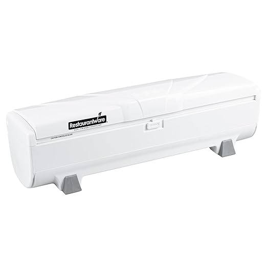 Restaurantware-Chef 101 Food Wrap Dispenser with Cutter, 1 Refillable Cling Wrap Dispenser - Fits 12â€ to 18â€ x 2000â€™ Rolls, Press Down and Cut, White Plastic Aluminum Foil, Sharp Blade