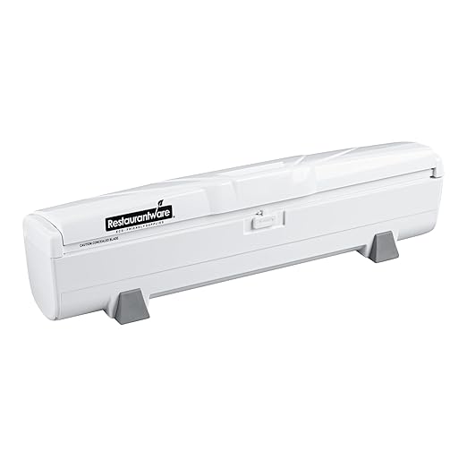 Restaurantware-RW Base Food Wrap Dispenser with Cutter, 1 Refillable Cling Wrap Dispenser - Fits 12” to 18” x 1000’ Rolls, Press Down and Cut, White Plastic Aluminum Foil, Sharp Blade