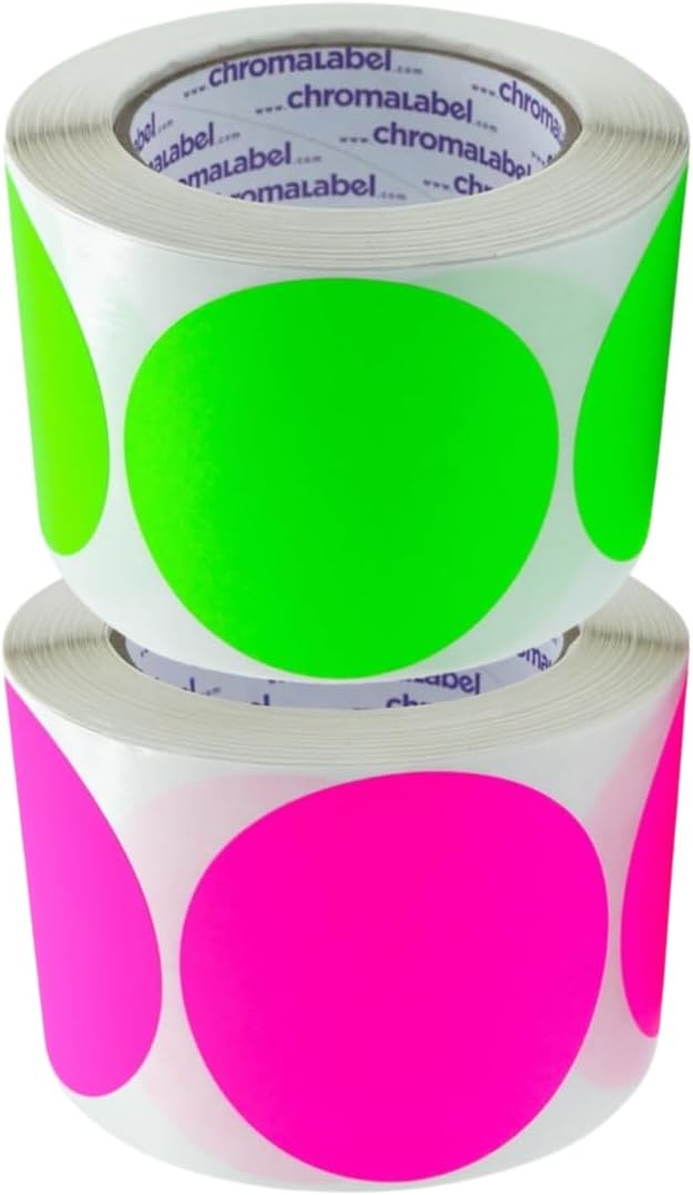 ChromaLabel 3 Inch Circle Sticker Labels, High Visibility Round Sticker Labels, Removable Sticky Dots - 500 Colored Dot Stickers per Roll, Fluorescent Pink and Fluorescent Green Label Stickers