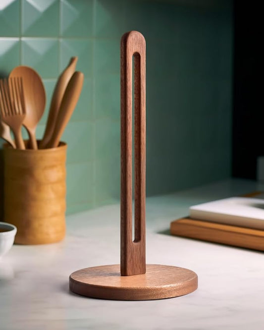 Acacia Wooden Paper Towel Holder Stand for Jumbo Roll - Stylish Kitchen Paper Rack Bathroom Towel Roll Stand Organizer, UA, Solid Wood Simply Standing Countertop Paper Roll Holder, Large