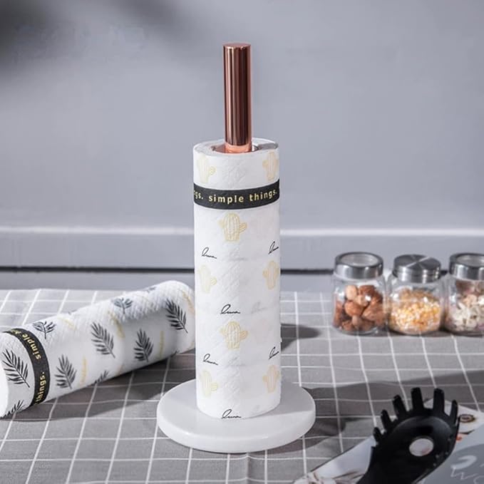 Kitchen Paper Holder, Paper Towel Holder 36 cm x 15 cm (Rose Gold), Stainless Steel Rose Gold Kitchen Roll Holder with White Marble Base