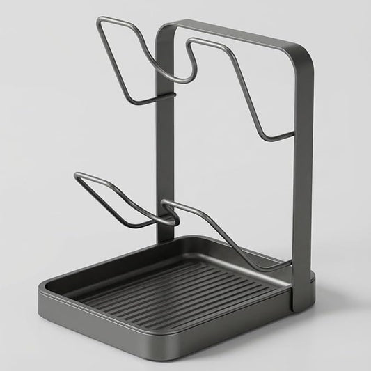 Pot Lid Organizer And Spoon Rest For Countertop, Heavy Duty Metal Pan Cover Holder Stand With Drip Tray, Vertical Kitchen Rack For Cooking Utensils, Ladle & Cutting Board Storage (1 Pack)