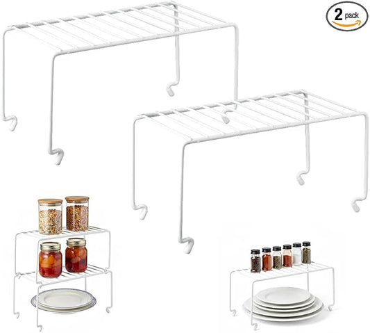 2-Pack Small (10.8x5.3inch) White Stackable Shelf Organizer Rack, Kitchen Shelves Organization for Cabinet, Pantry Organizers and Storage, Wire Shelf Rack, Desk Organizer, Rustproof