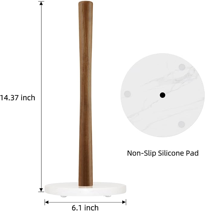 Buruis Wood Paper Towel Holder, Marble Base Modern Decorative Countertop Standing Rolls Holder for Kitchen, Toilet, Pantry and Bathroom (Marble Base White)