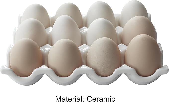 Ceramic Egg Holder, 12 Cups Egg Tray with Non-Slip Base, Porcelain Container for Storing a Dozen Eggs for Fridge and Countertop