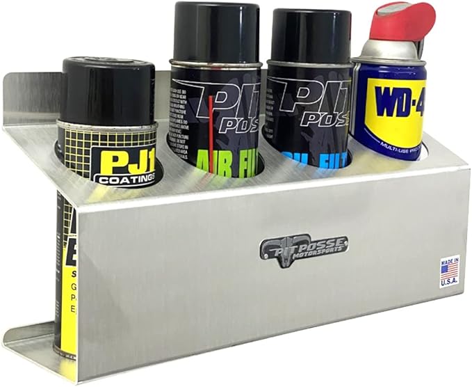 Pit Posse 303 Four Bottle Aerosol Spray Can Rack Shelf Holder 15.5" Caddy - Made in USA - Aluminum Enclosed Trailer Shop Garage Storage Organizer - Mounting Hardware Included (Silver)