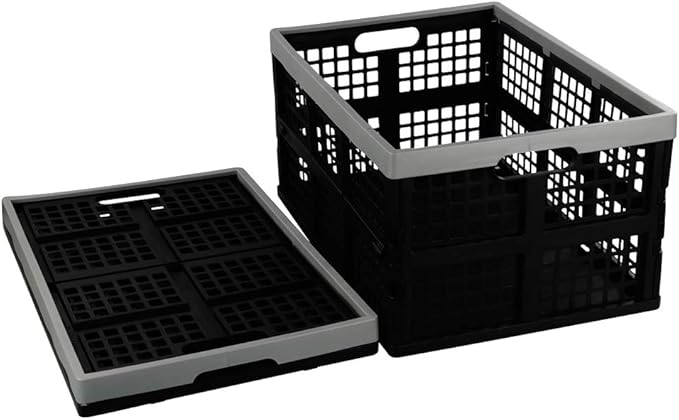 Hommp 2-Pack 40 L Plastic Collapsible Storage Crates, Large Stackable Storage Container Basket, Folding Crates Storage