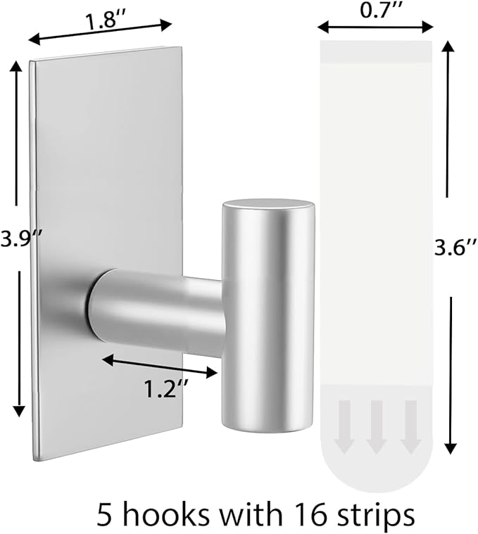 5 Pcs Towel Hooks Heavy Duty for Hanging，Adhesive Wall Hooks with Removable Strips，Sticky No Damage，Outdoor for Bathrooms，Shower，Stockings，Decor，Robe，X-Large，Silver 304 Stainless Steel