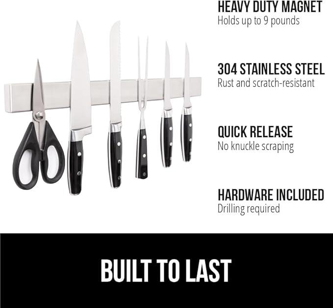GORILLA GRIP Stainless Steel Magnetic Knife Holder for Wall, 14 in, Magnet Bar for Knives, Tools, Supplies, Heavy Duty Metal Strip Holds Up to 6 lbs, Kitchen Organizer, Non-Adhesive, Drilling Required