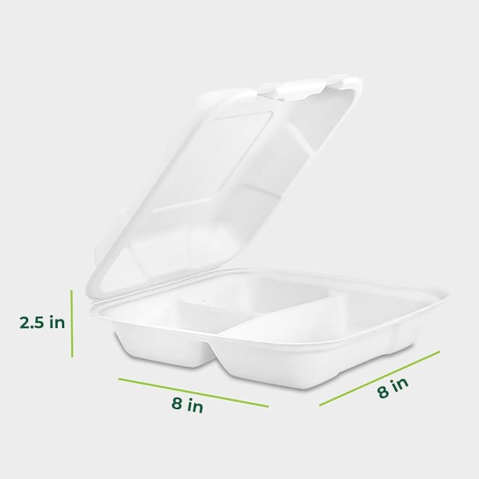 Freshware Compostable Clamshell Food Containers [8x8] 3-Compartment, Disposable, Biodegradable Sugarcane To Go Boxes - Paper Food Containers - Microwave & Freezer Safe, Stackable (Pack of 200)
