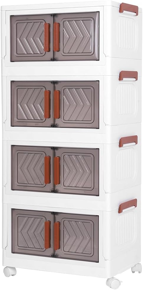ETOYA 4-Tier Stackable Storage Bins with Lids & Wheels - 14.96"x10.24"x35.43" Collapsible Organizer Foldable Container, Plastic Storage Containers for Living Room, Office, Dorm Organization