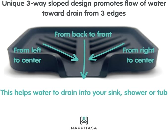 Happitasa Silicone Soap Dish Tray and Sponge Holder with Drain Chute and Feet | 3-Way Sloped Design | Bathroom and Kitchen Sink Organizer Caddy (Grey, 5"x4")