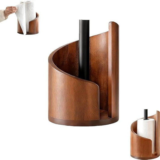 Mountain Paper Towel Holder, Natural Mango Wood Base with Iron Center Rod, Countertop Paper Towel Stand, Decorative Kitchen Paper Towel Dispenser — No Installation Required (Brown)