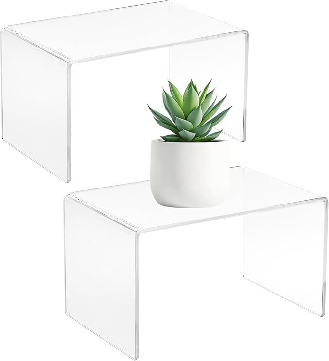 CLAY TONIC 2-Pack Large Clear 5MM Thickness Acrylic Display Risers for Kitchen Organizer and Storage,Display Food, Pantry Cabinet Shelf, Retail Display (2, 12x7x8 Inche)