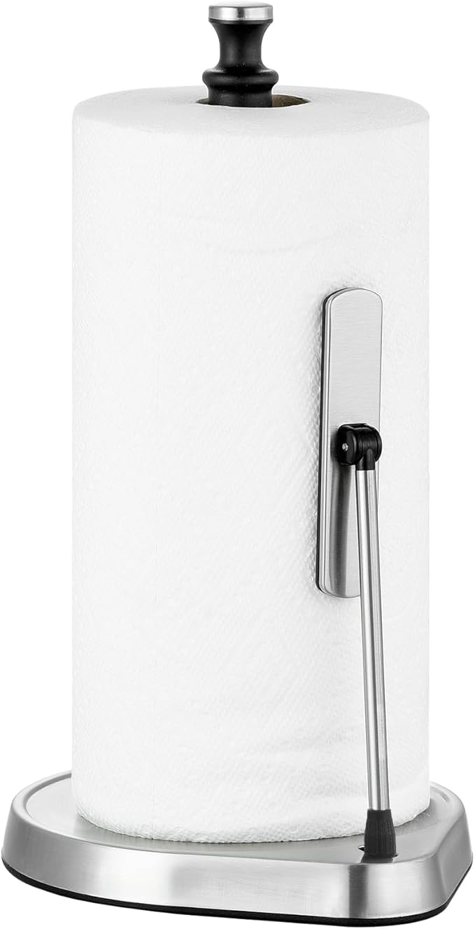 Dailyart Paper Towel Holder for One Hand Tear - Countertop with Tension Arm & Non Slip Weighted Base, Stainless Steel Paper Towel Holder Stand for Kitchen Bathroom, Black