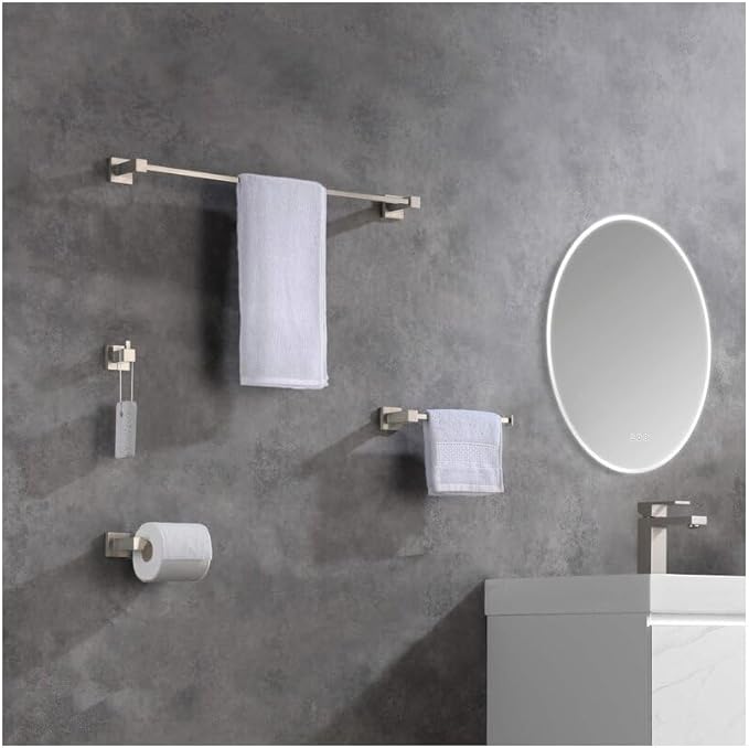 KIBI Cube 5-Piece Bathroom Hardware Set | Includes 24-Inch Towel Bar, Towel Ring, Toilet Paper Holder, and Robe Hooks | Wall-Mounted Solid Brass Accessories | Brushed Nickel, C-KBA15-5