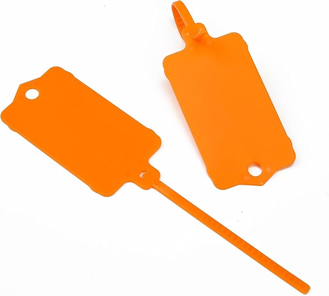 LeadSeals 100pcs Blank Plastic Tags for Labeling Reusable Hanging Tags Ties Key Tag Storage Labels Waterproof Plastic Mark Label Writable Hang Sign with One Marker Pen (Orange)