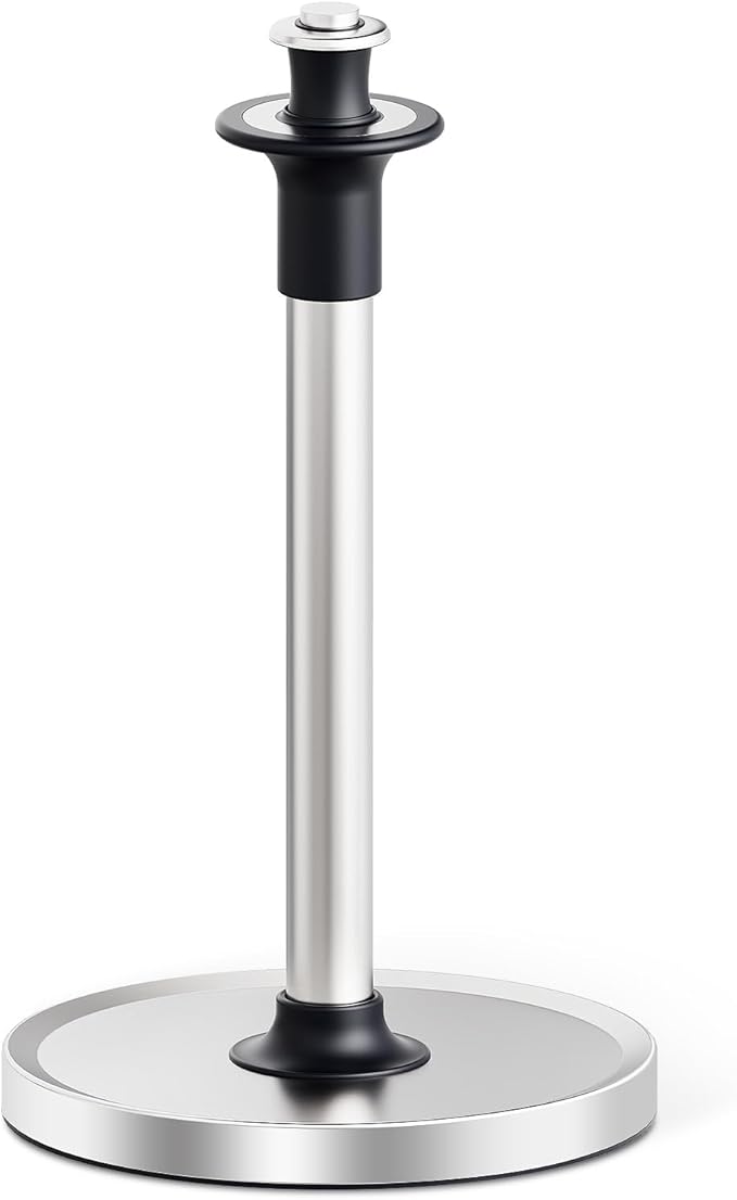VEHHE Paper Towel Holder Countertop with Unique Damping Spring Structure for One-Handed Tearing, Stainless Steel Paper Towel Holder with Weighted Base and Suction Cups for Kitchen Bathroom, Silver