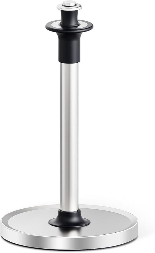 VEHHE Paper Towel Holder Countertop with Unique Damping Spring Structure for One-Handed Tearing, Stainless Steel Paper Towel Holder with Weighted Base and Suction Cups for Kitchen Bathroom, Silver