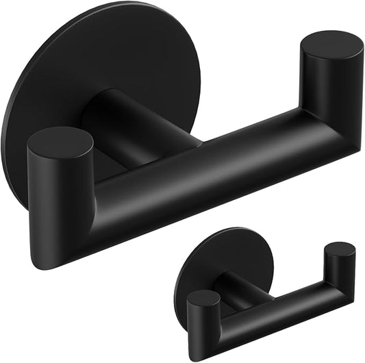 GWAAZXGZ 2 Pack Black Bathroom Hooks for Towels - Self Adhesive Double Hooks for Wall, No Drilling, Matte Finish, Strong Hold for Robes, Coats, Shower Use