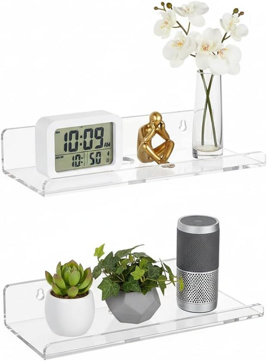 Acrylic Floating Shelves, Adhesive Wall Mount Command Shelves for Bathroom, Kitchen, Dorm - Renter-Friendly Easy Install Wall Shelves for Home Decor and Organization (Fully Clear-2 Pack)