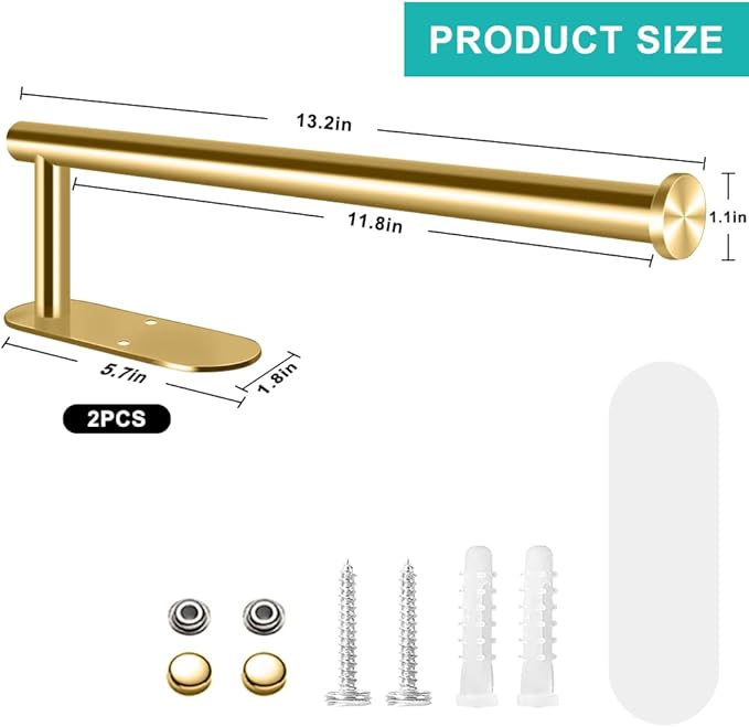 MGahyi Paper Towel Holder Wall Mount, Self Adhesive Or Drilling Paper Towel Holder Under Cabinet, 13.2 inch Stainless Steel Kitchen Paper Towel Roll Rack, Bathroom Towel Roll Hanger(Gold, Rectangle)