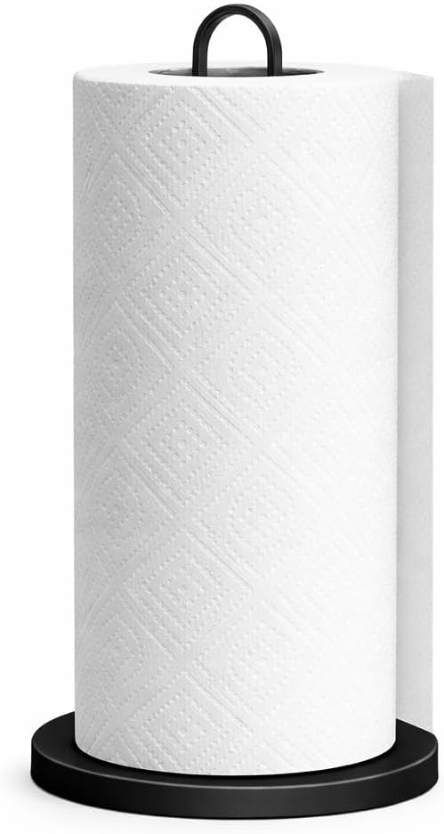 Bambusi Paper Towel Holder Countertop - Wood Stainless Steel Freestanding Kitchen Paper Towel Holder with Non-Slip Base, Wooden Standing Paper Roll Holder for Kitchen, Bathroom, Black