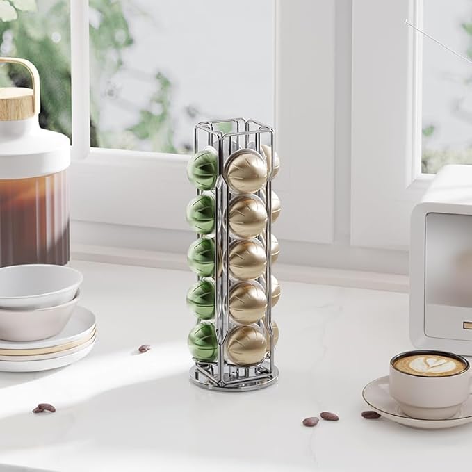 20 Vertuo Pods Coffee Pod Holder Compatible For Nespresso Vertuoline Stand Rack Holds Vertuo line Organizer Carousel 360-Degree Rotatable (Silvery)