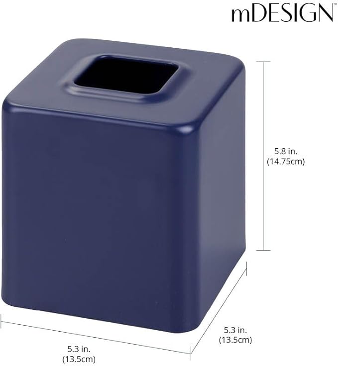 mDesign Metal Square Tissue Box Cover, Modern Facial Paper Holder - Accessories for Bathroom Vanity Countertop, Bedroom Dresser, Night Stand, Desk, Office, End Table, Unity Collection, Matte Navy Blue