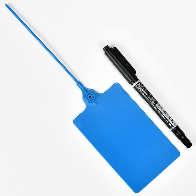 LeadSeals 100 Plastic Shipping Tags - Waterproof, Writable, Hanging Tags with One Marker Pen (Navy Blue)