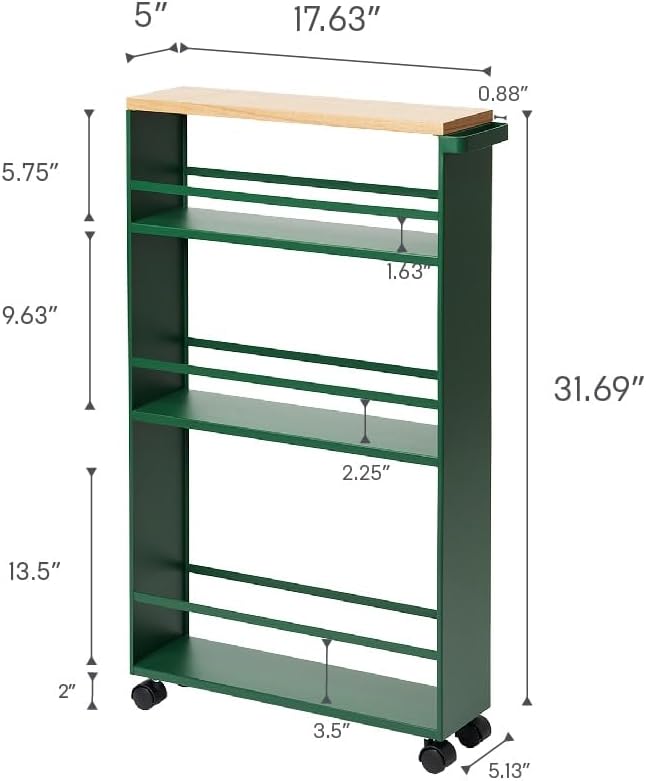 YAMAZAKI Home Slim Rolling Storage Cart – Narrow Kitchen Storage Cabinet with Handle, Slim Storage Cart with Wheels, Easy Assembly, 32" - Steel -