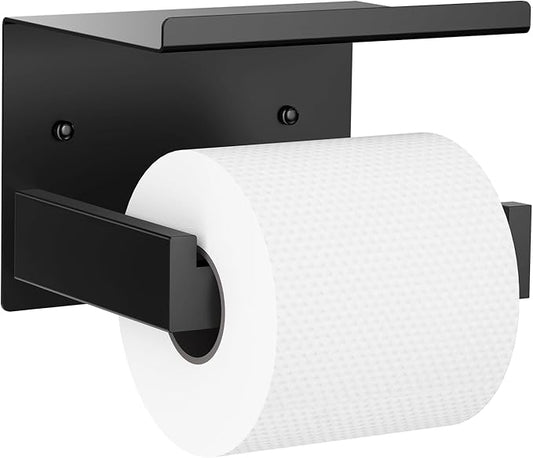 Auxmir Toilet Paper Holder with Shelf, Premium SUS304 Stainless Steel Rustproof Adhesive or Screw Wall Mounted Toilet Roll Holder, Toilet Tissue Holder for Bathroom Kitchen Washroom RV, Matte Black