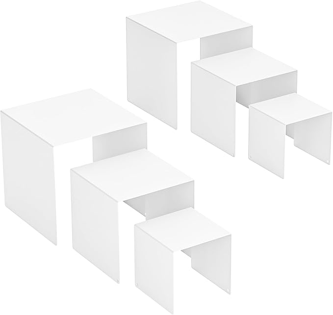 Matte Metal Display Stand,6 Pcs 2 Set Display Risers for Display, Metal Rectangular Display Shelf for Showcase, Dessert, Toys, Perfume (White, 3''x4''x5)