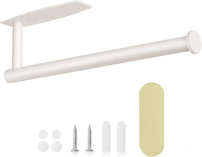 White Paper Towel Roll Rack - Under Cabinet Stainless Steel Towel Holder - Self Adhesive or Drilled Mount - 200 lbs Max Weight