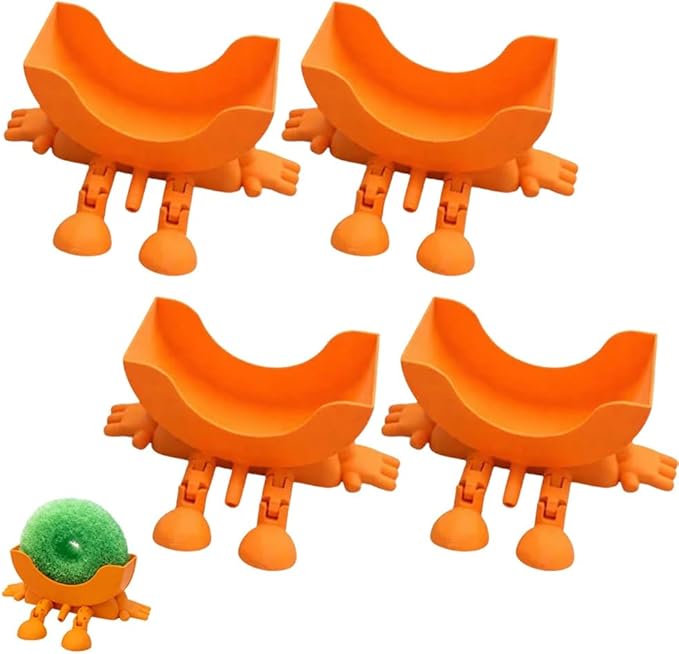 Fun Sponge Stand, 3D Printed Sink Draining Sponge Holder, Cute Sitting Kitchen Caddy Gadgets with Hanging Legs, Countertop Organizer for Sink Edge & Counter Decor, For Daily Cleaning(Orange*4)