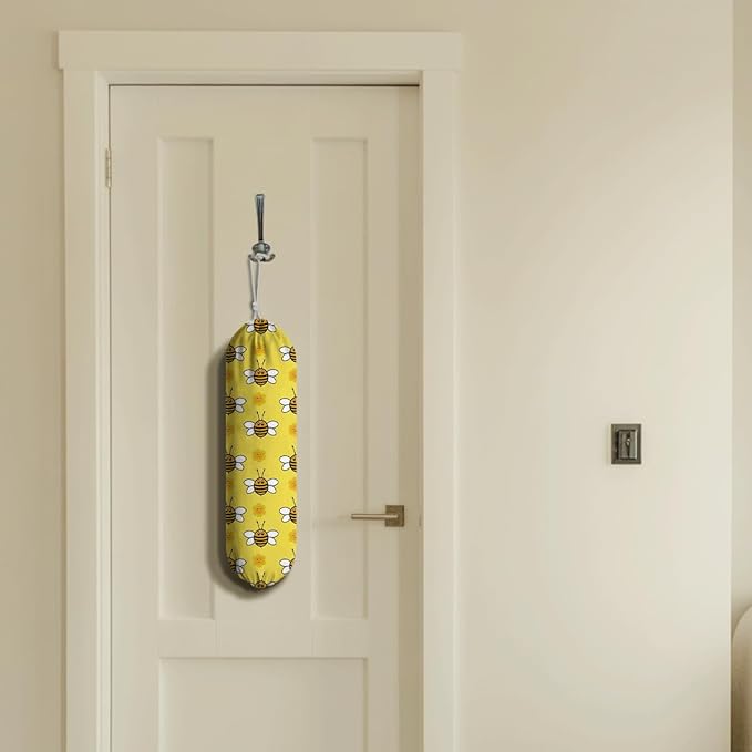 Bees Plastic Bag Holder, Hanging Shopping Bags Storage Carrier, Yellow Fabric Garbage Trash Bag Dispenser for Home Kitchen Pantry Cabinet, Wall Mount, Kitchen Housewarming Gifts for Women