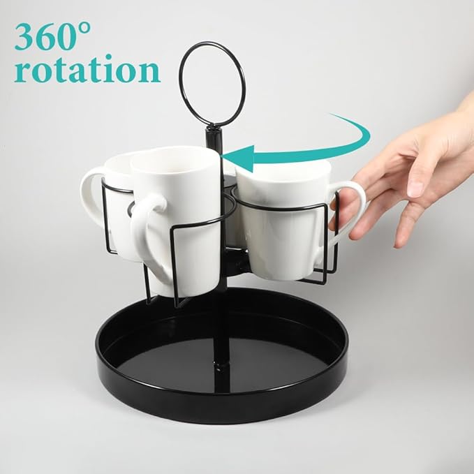 4 Mugs Stand Holder, Rotatable Metal Coffee & Beer Mug Rack with Tray Cups Drink Stand for Parties Countertop