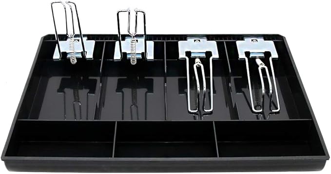 Cash Register Drawer Insert Tray 4 Bill/3 Coin Compartments with Metal Clip for Money Storage, Black