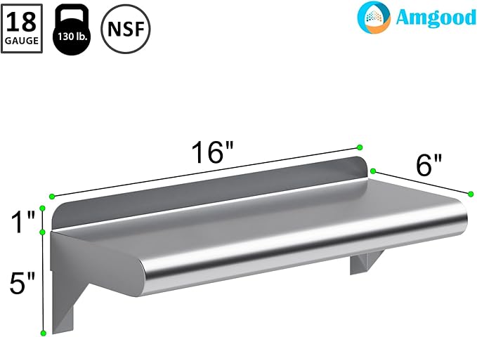 AmGood 6" X 16" Stainless Steel Wall Shelf | Metal Shelving | Garage, Laundry, Storage, Utility Room | Restaurant, Commercial Kitchen | NSF