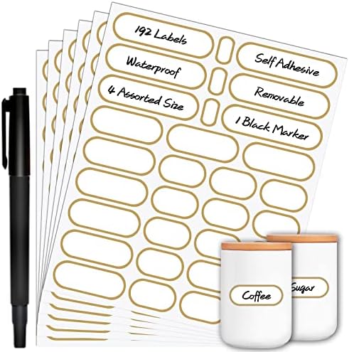 Nardo Visgo 192pcs Labels for Jars with Marker,Waterproof Bottle Labels Removable Write-On Kitchen Pantry Label Stickers with Gold Border in 4 Sizes for Spice Jars,Food Containers,Storage Bins,Daycare