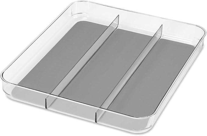 madesmart Utensil Tray - Large | Light Grey | Clear Soft Grip Collection | 3-compartment | Soft-grip Lining | Non-slip Feet | BPA-free