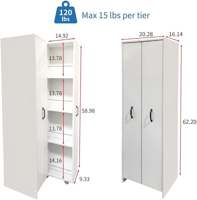 Double Pull Out Pantry Cabinet with Wheels, Slim Rolling Storage Cart for Kitchen, Freestanding 4-Tier Dual Slide Out Organizer for Laundry Room, Space Saving Wood Rack with Guardrails, 62"H White