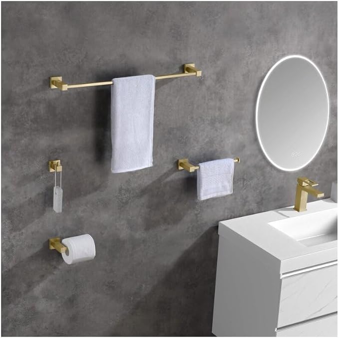 KIBI 5-Piece Cube Bathroom Hardware Set | Includes 24-Inch Towel Bar, Towel Ring, Toilet Paper Holder, and Robe Hooks | Wall-Mounted Solid Brass Accessories | Brushed Gold Finish, C-KBA15-5